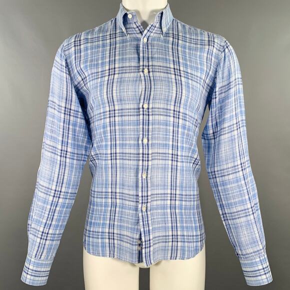 ETRO Size 40 Blue White Plaid Button Down Long Sleeve Shirt